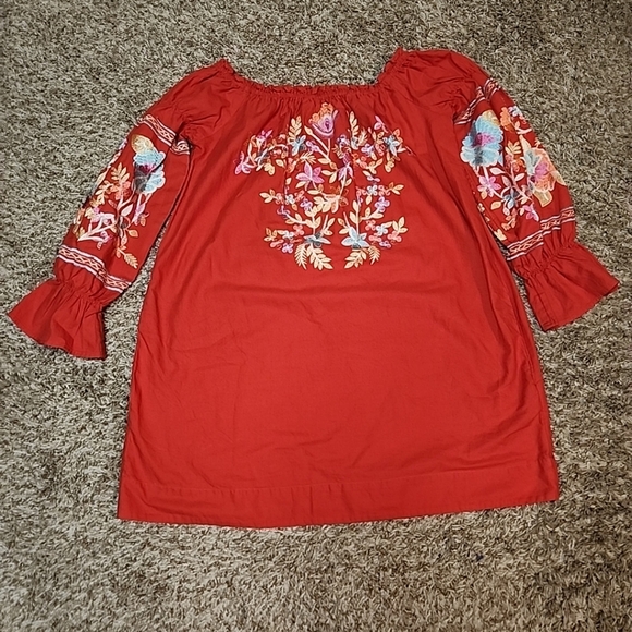 FREE PEOPLE DRESS SHIRT EMBROIDERED FLOWERS RED S/P - Picture 9 of 9